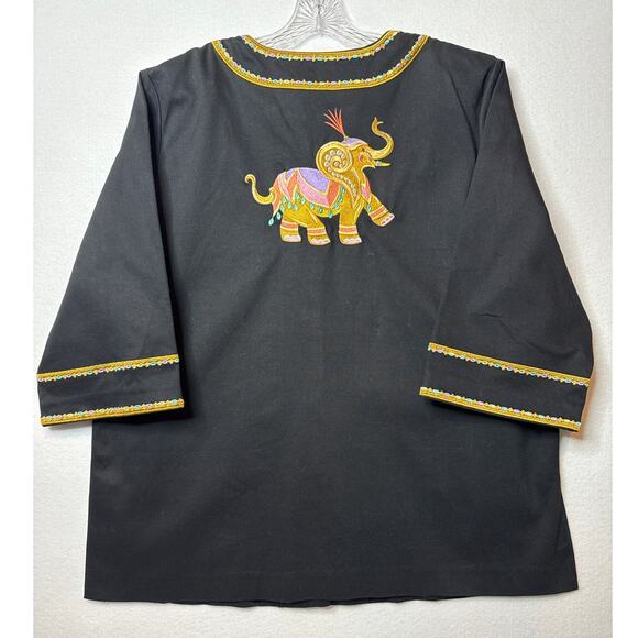 Bob Mackie wearable art black coat embroidered Elephants gold logo buttons large - Picture 3 of 16
